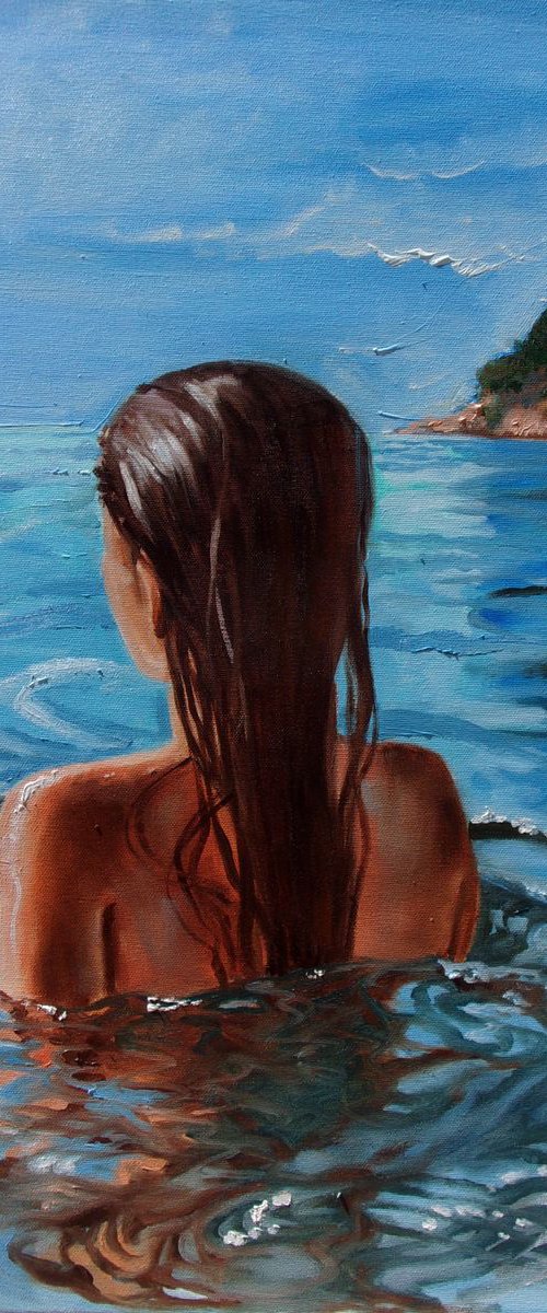 " FIRST LESSON ... " original painting SEA summer GIFT sea swimming by Monika Luniak