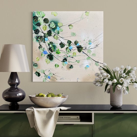 "Blue Romance IV" floral textured painting