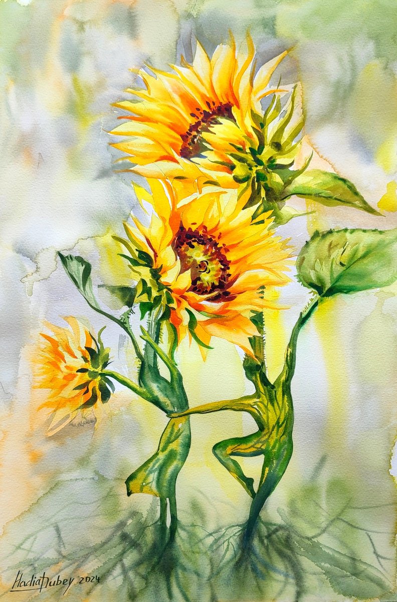 Impressionistic Botanical Watercolour By Nadiia Dubei, 15 X 22", Sunflowers, Original Artwork