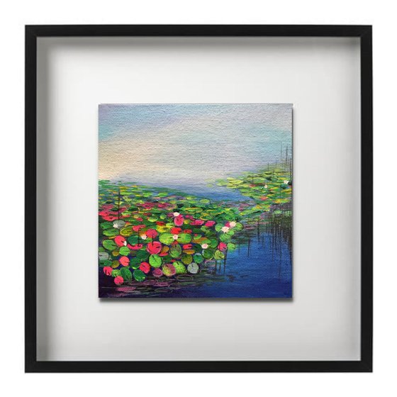 Water lily pond by the lake !! Morning Bliss !! Small Painting !! Miniature !! Gift !!