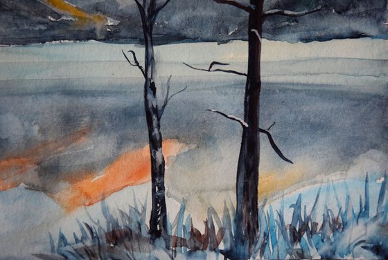 Norwegian original watercolor painting Winter mountains in Norway, snowy fjords in sunset, lake