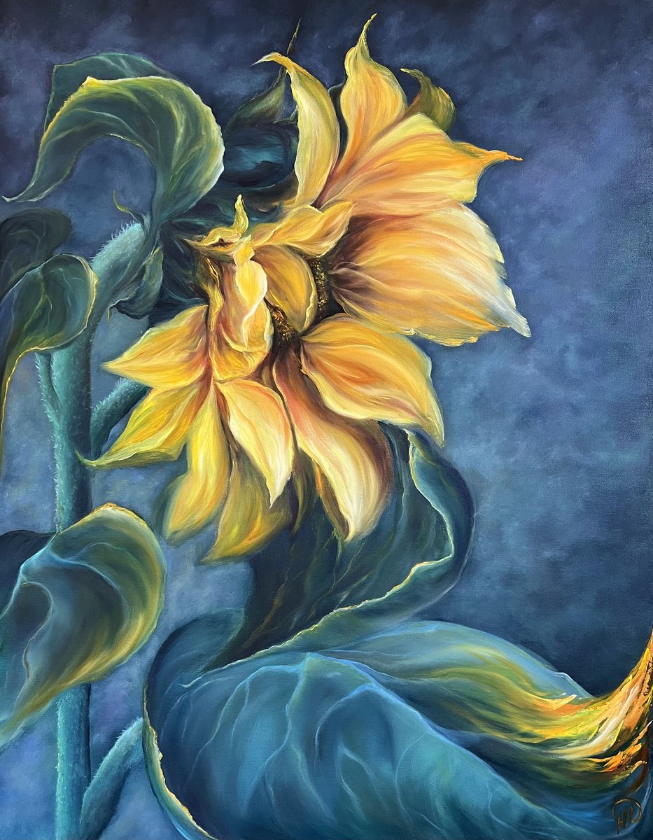 Solar flower, oil painting, original gift, home decor, Flowering, Spring, Leaves, Living R... by Natalie Demina