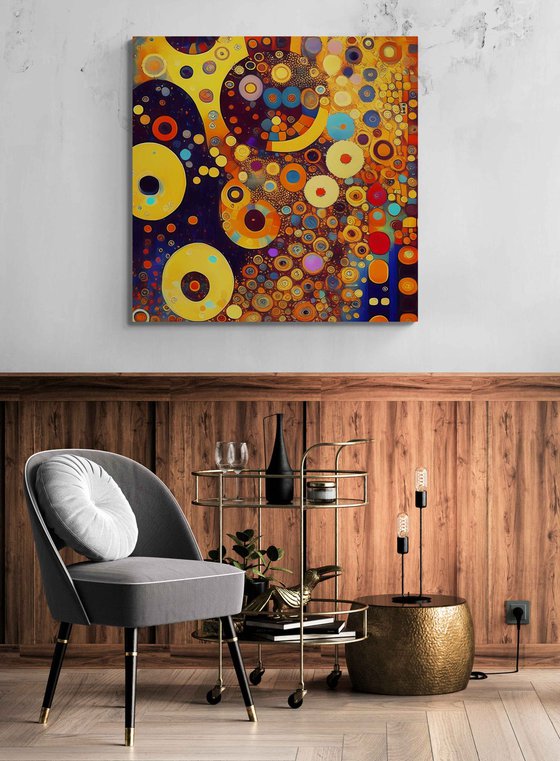 Klimt inspiration abstract. Large positive vibrant colors geometric abstract, bright wall art hanging