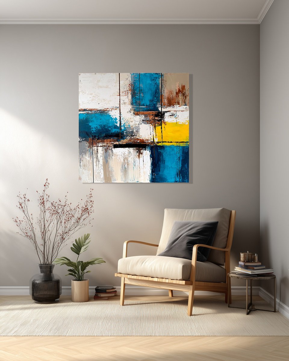 Expressive Abstract Acrylic Painting By Tatiana Malinovscaia, 31 X 31", Bright Lemon Yellow Blue, Original Artwork