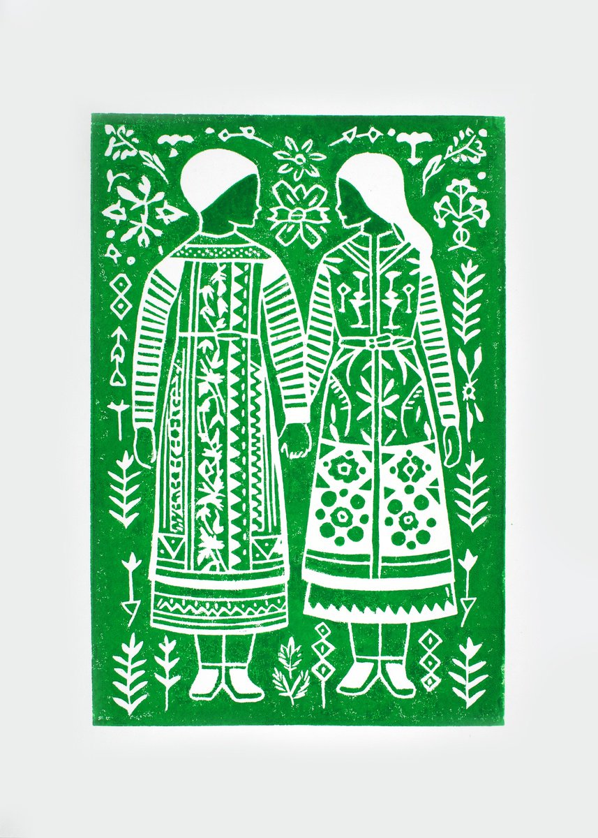 Graphic Portrait Linocut By Kosta Morr, 12 X 17", Friendship Green, Original Artwork