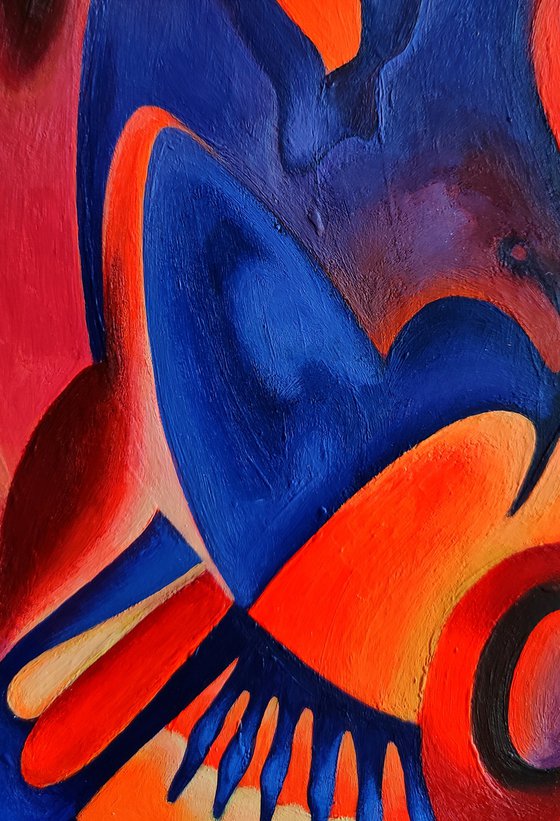 Surreal painting in orange-blue colors