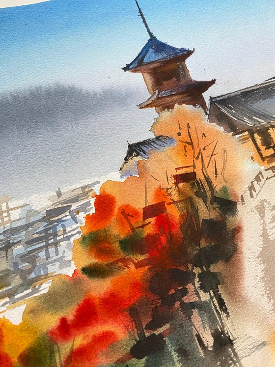 Pagodas against mountains, original watercolor painting medium size, on paper blue and orange