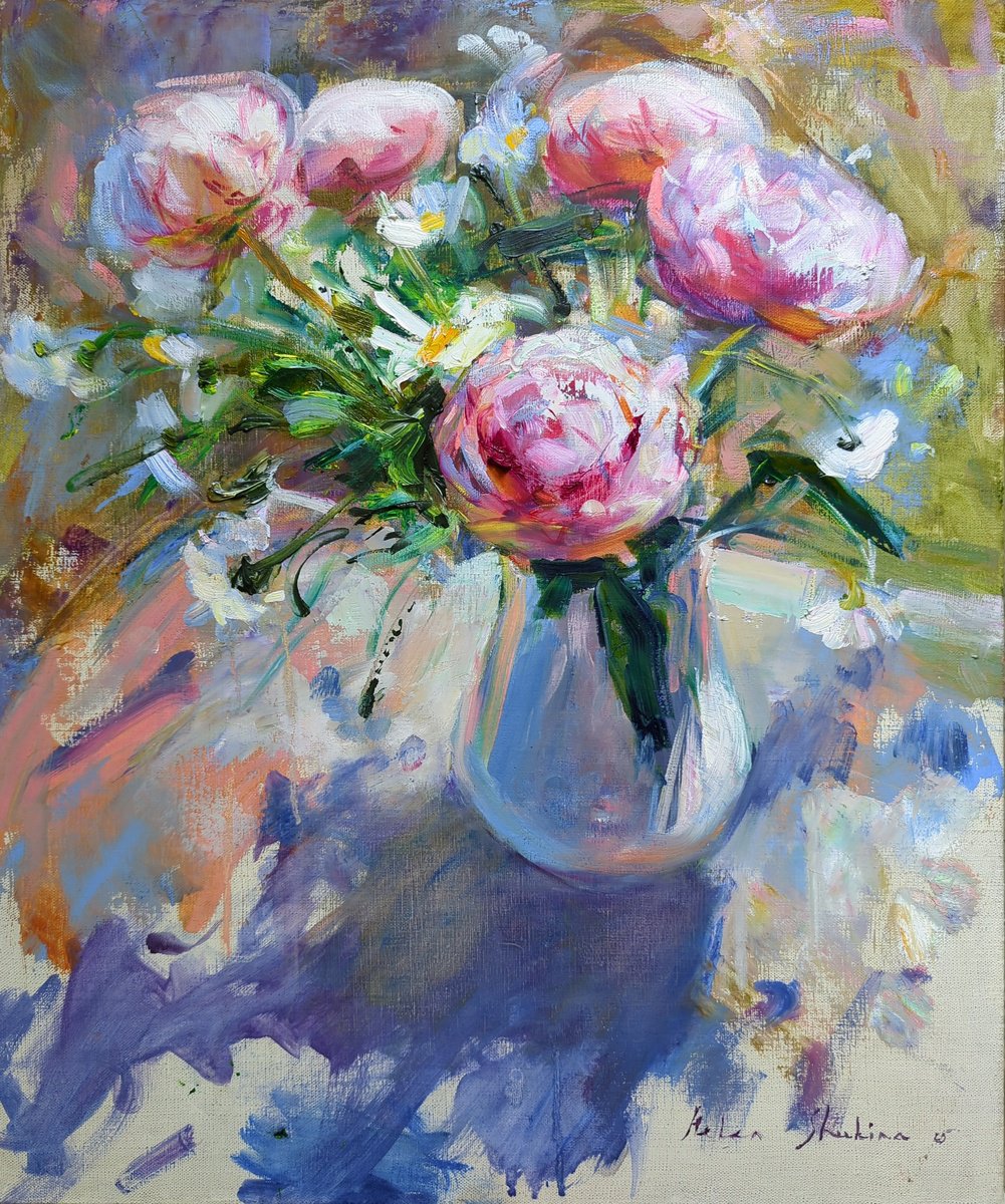 Impressionistic Botanical Oil Painting By Helen Shukina, 20 X 24, Peonies In The Morning Garden, Original Artwork
