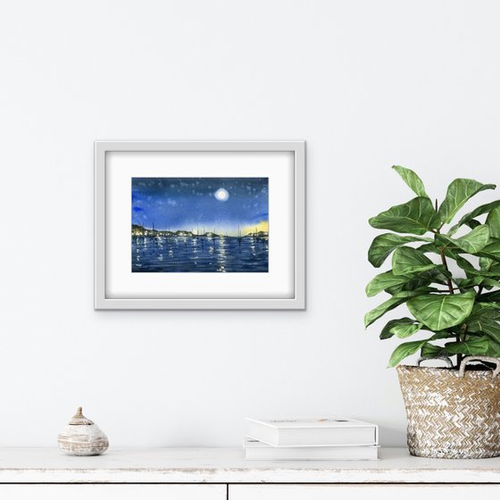Night seascape with yachts. Original watercolor artwork.
