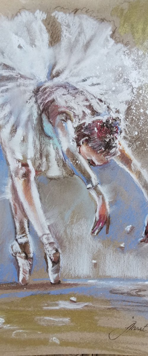 Elegance dancer girl pastel drawing. Ballerina in white dress by Annet Loginova