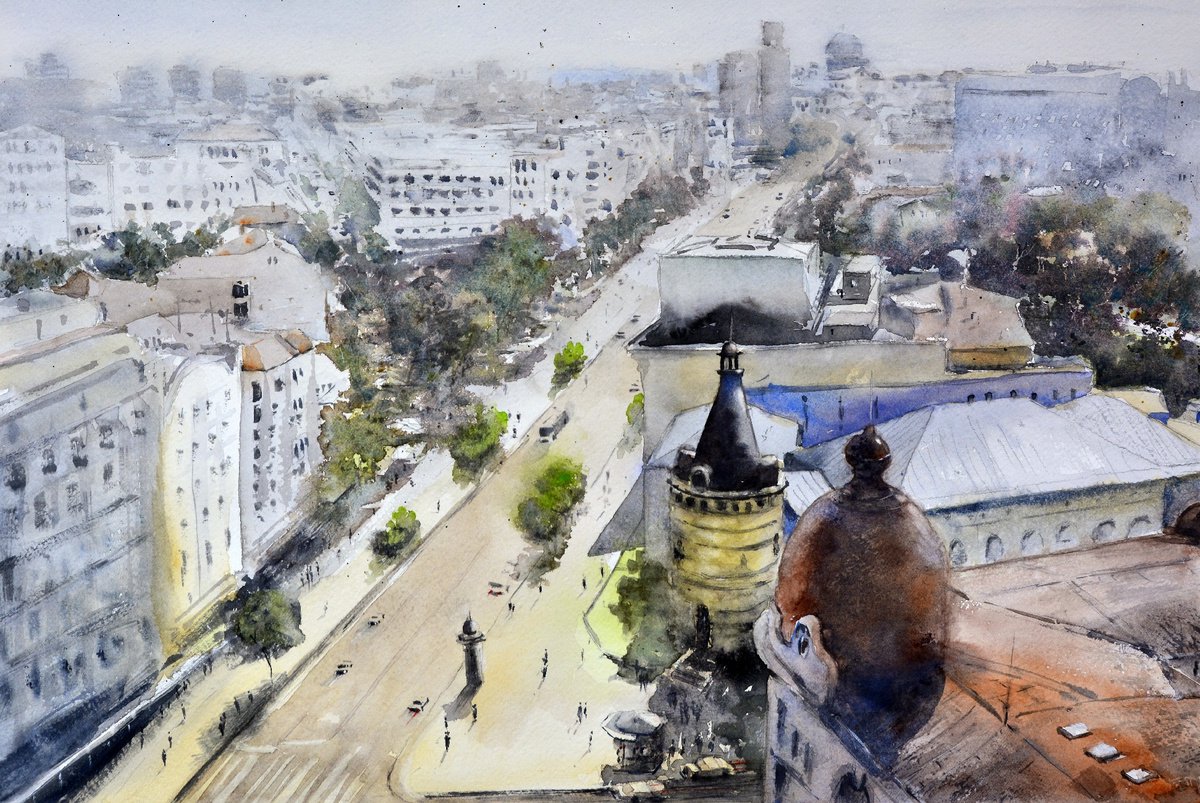 Impressionistic Cityscapes Watercolour By Nenad Kojic, 22 X 15", Top View Of Belgrade Skyline, Original Artwork