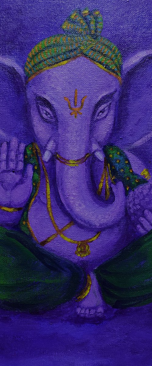 Purple Ganesha in green silk by Asha Shenoy