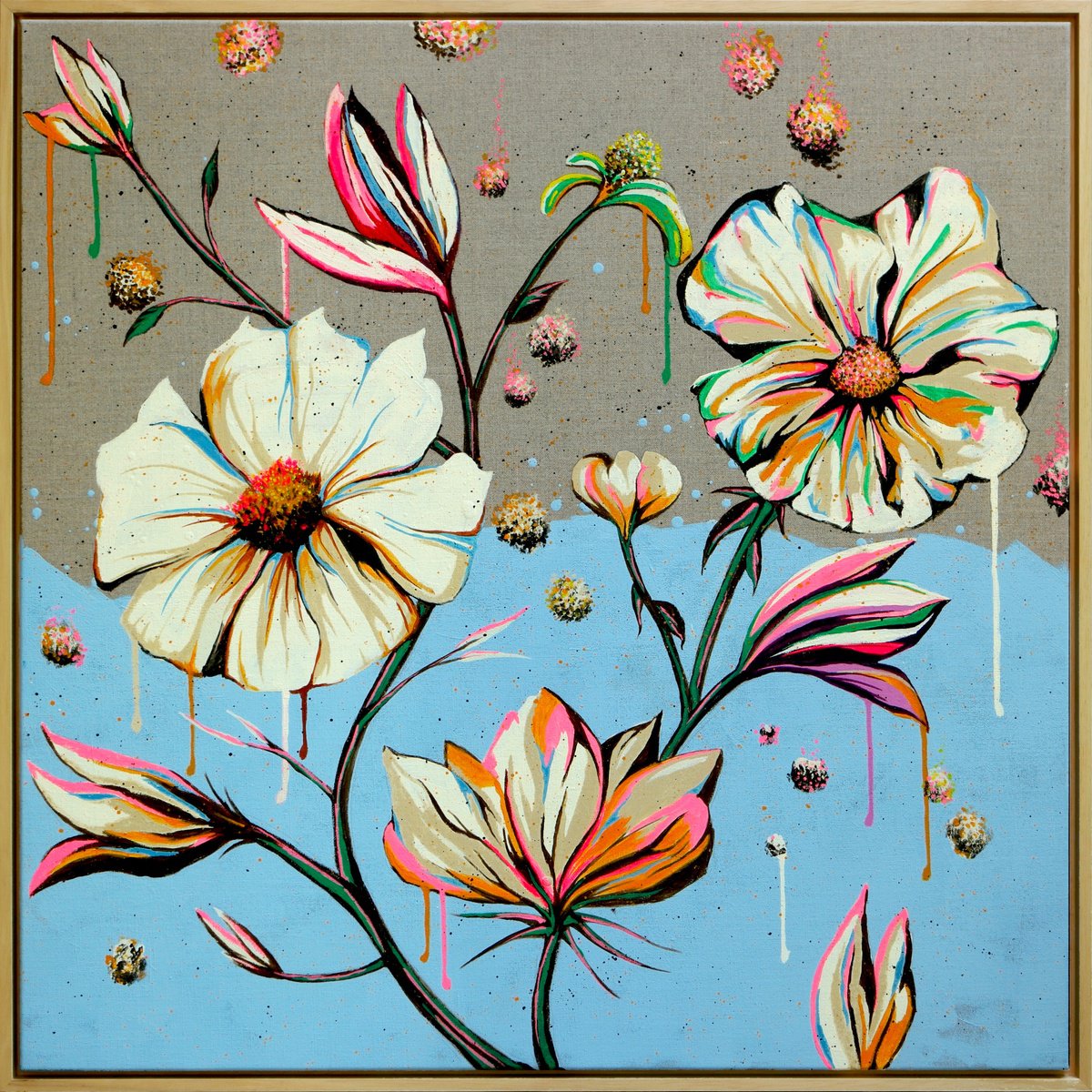 Illustrative Abstract Acrylic Painting By Ronald Hunter, 33 X 33", Fantasy Flowers, Original Artwork