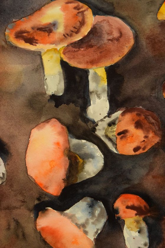 Mushrooms original watercolor painting, fall woodland harvest, farmhouse decor