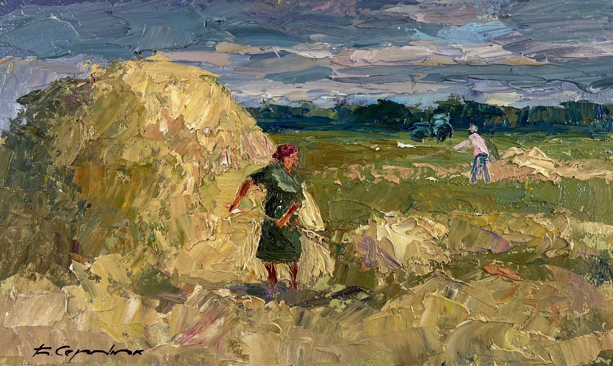 Boris Serdyuk | Original  Oil Painting | Working In The Field Under A Blue Clear Sky | 29 X 17Cm | Artwork For Sale On Artfinder