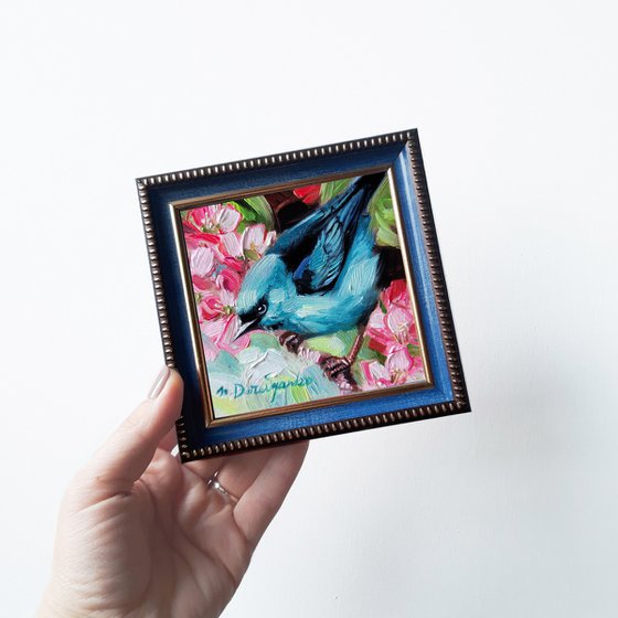 Turquoise honeycreeper bird on brunch blossom painting original 4x4, Bird and flower oil artwork gift for girl friend