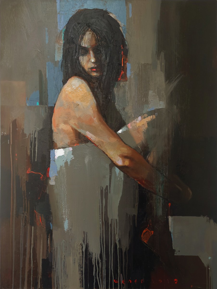 Expressive Portrait Oil Painting By Victor Sheleg, 35 X 47", Quietness, Original Artwork