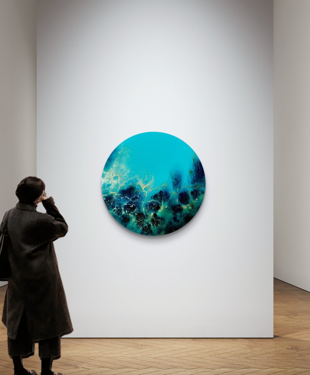 Organic Landscape Acrylic Painting By Ana Hefco, 24 X 24, Golden Halo, Blue Depth #4, Original Artwork