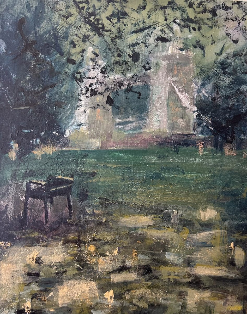 Impressionistic Landscape Acrylic Painting By Agnieszka Lokaj, 16 X 20, Lonely Chair 2, Original Artwork