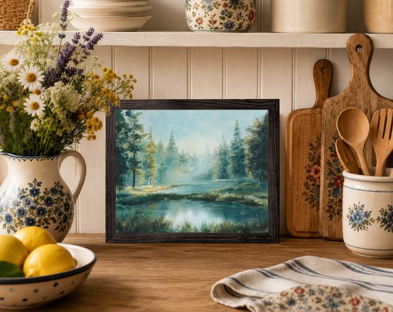 Misty lake in a pine forest