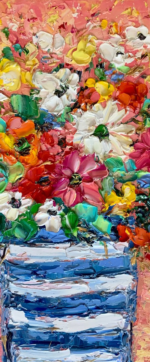 Flowers bouquet in striped vase by Vilma Gataveckienė