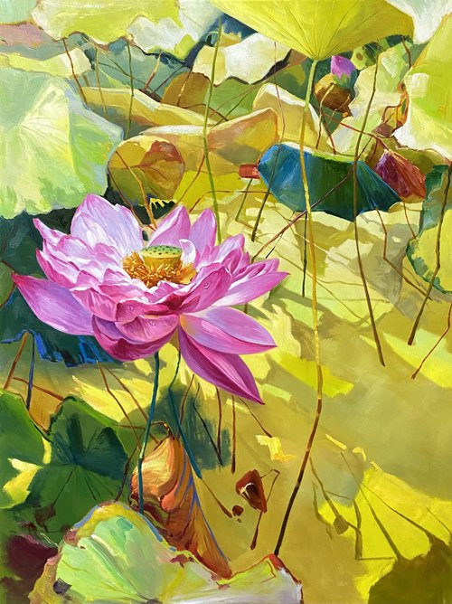 Still life oil painting:Lotus t184 by Kunlong Wang