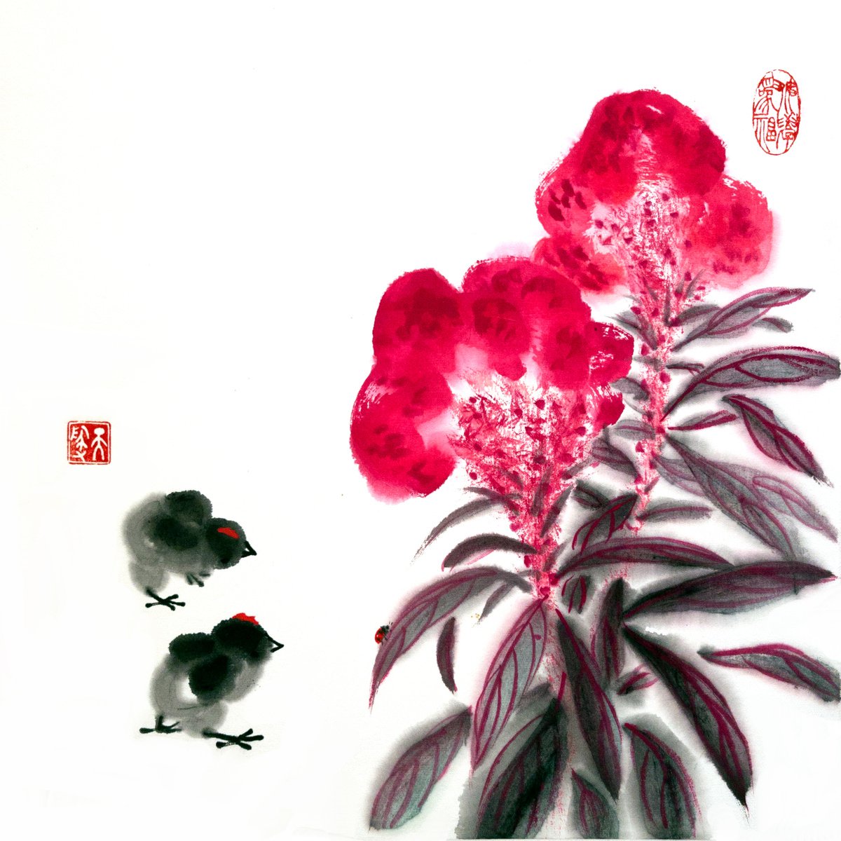 Celosia, two chicks and ladybug  - Oriental Chinese Ink Painting by Ilana Shechter