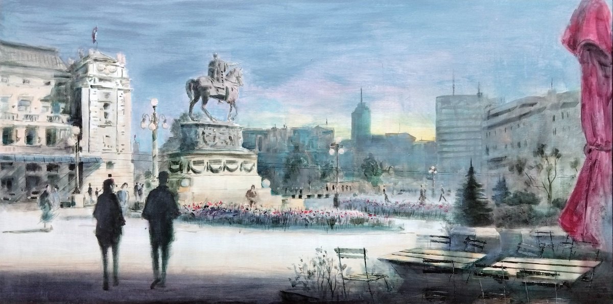 Impressionistic Cityscapes Acrylic Painting By Nenad Kojic, 39 X 20", Two Silhouettes On Republic Sq, Original Artwork