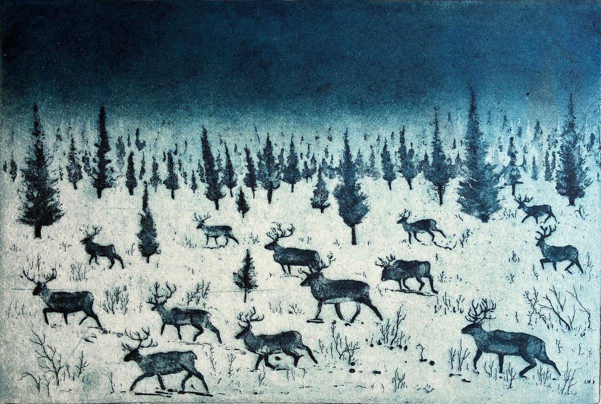 Illustrative Animal Etchings & Engravings By Tim Southall, 17 X 13", Where Reindeer Roam, Original Artwork