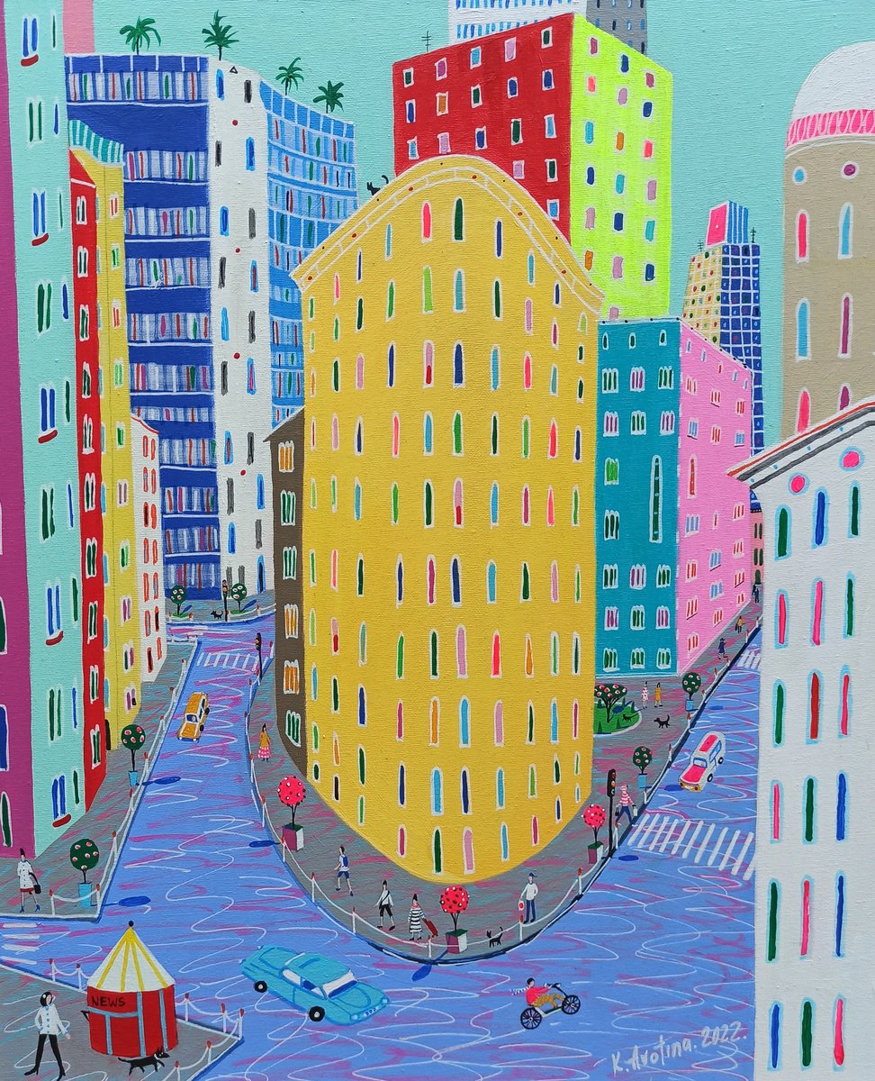 Impressionistic Cityscapes Acrylic Painting By Katrina Avotina, 20 X 24", In The Heart Of Everything, Original Artwork