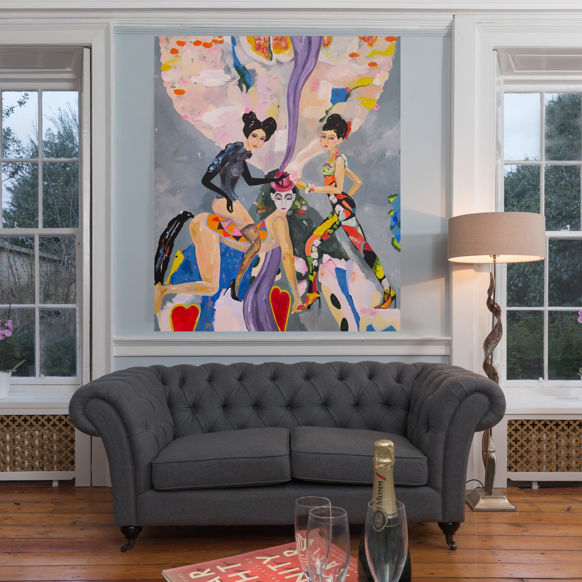 Surrealistic Portrait Acrylic Painting By Artemisia, 39 X 47, Cabarete - Vibrant Atmosphere - Art-Deco - Circus - Xl Large Painting, Artfinder