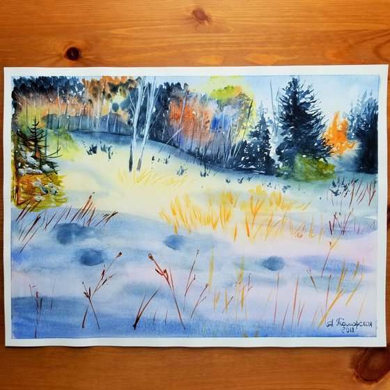Winter Landscape #2. Original Watercolor Painting on Cold Press Paper 300 g/m or 140 lb/m. Landscape Painting. Wall Art. 11" x 15". 27.9 x 38.1 cm. Unframed and unmatted.