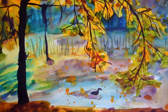 Big watercolor painting Autumn forest lake