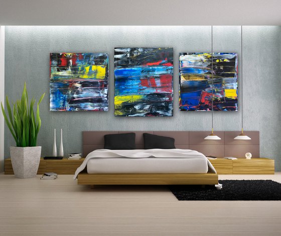 "An Orgy Of Pain" - Save As A Series - Original Xt Large PMS Abstract Acrylic Painting Triptych on Artist-Stretched Canvas - 108" x 42"