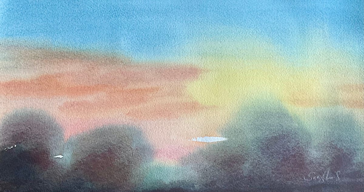Expressive Landscape Watercolour By Samantha Adams, 17 X 10", Beautiful Sunset Sky, Original Artwork