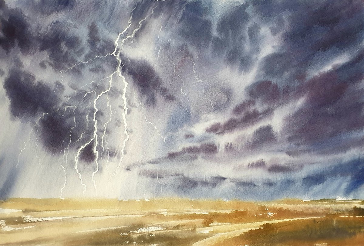 Impressionistic Landscape Watercolour By Elena Genkin, 22 X 15, Elements. Air. Lightnings., Original Artwork