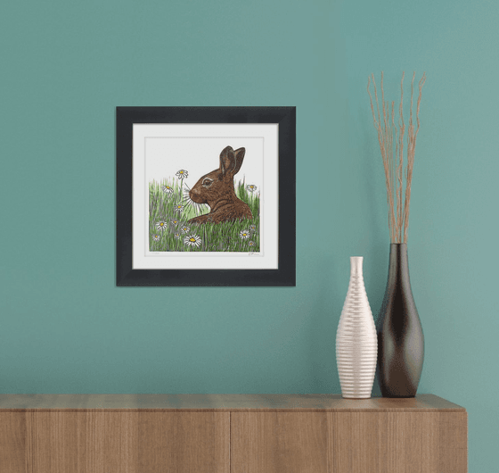 Summer daze (Rabbit in a daisy / wildflower meadow linopint) Ready to hang