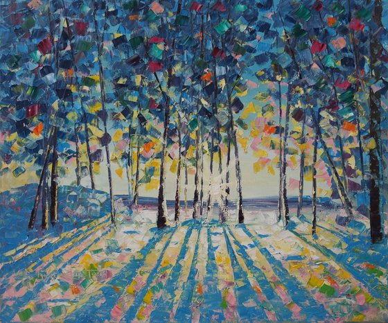 Sunset in the Grove Oil Painting Landscape, Winter Forest in Bright Joyful Colors, Sun and Trees Winter Landscape, Blue Nature Medium Size Painting