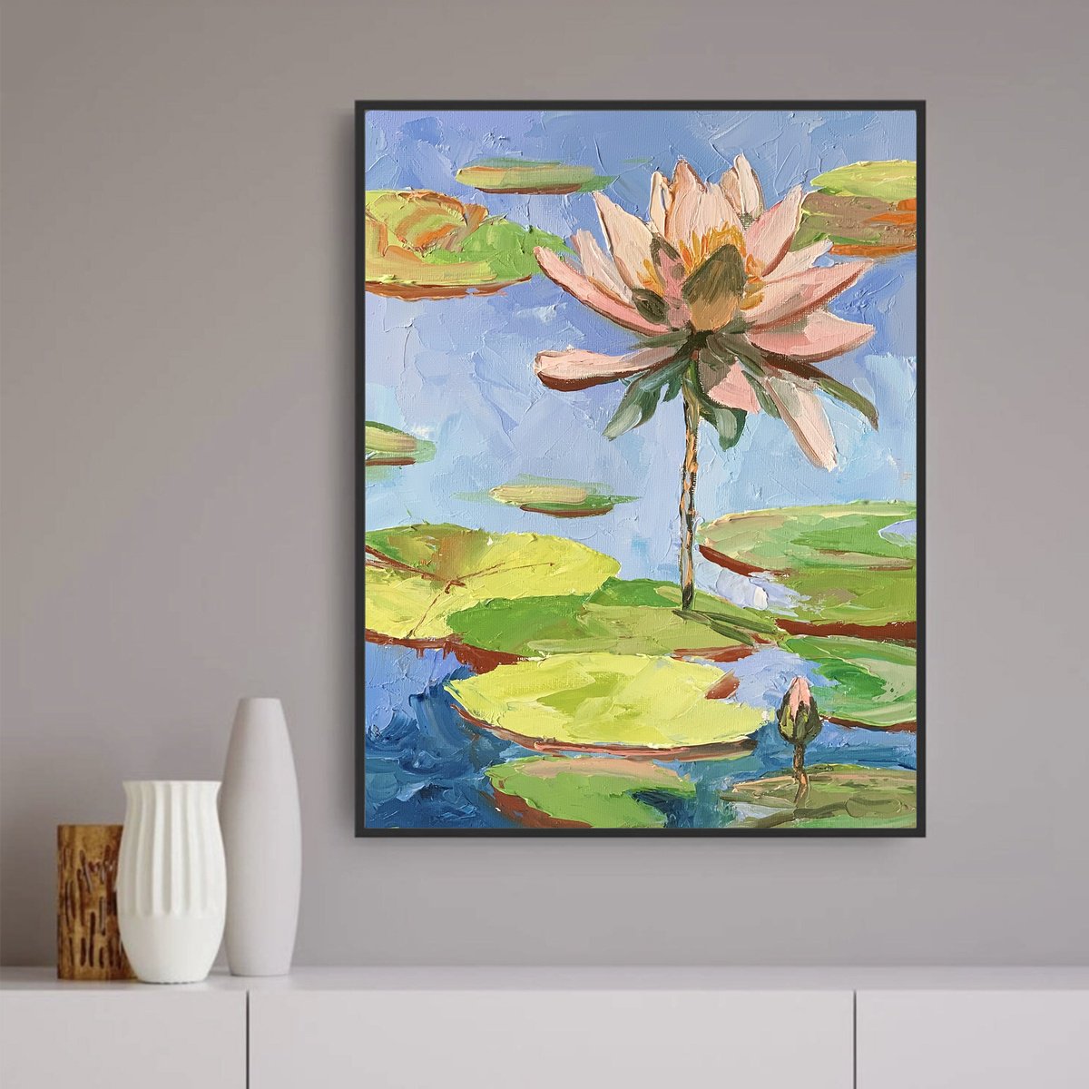 Expressive Landscape Oil Painting By Vita Schagen, 9 X 12", Water Lily. Lilies Pond., Original Artwork