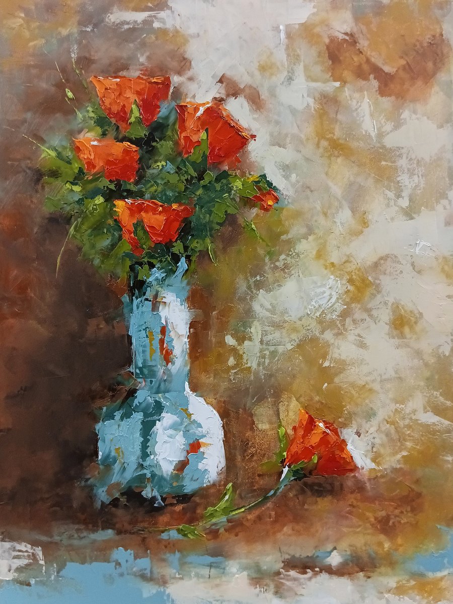 Red roses in blue vase. Still life oil painting by Marinko Saric