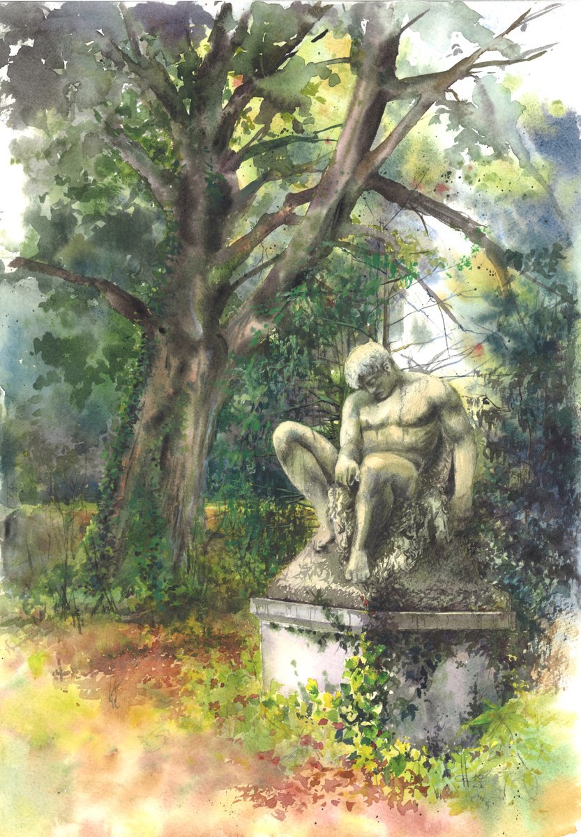 Impressionistic Landscape Watercolour By Sonata Art, 18 X 24", Sculpture At The Oak Park, Original Artwork
