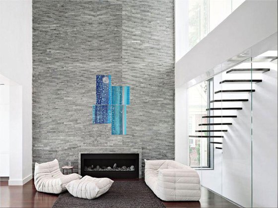 Blue Abstract paintings silver stripe A074 decor original abstract art 105x165x4 cm big ready to hang painting acrylic on stretched canvas metallic textured glossy wall art