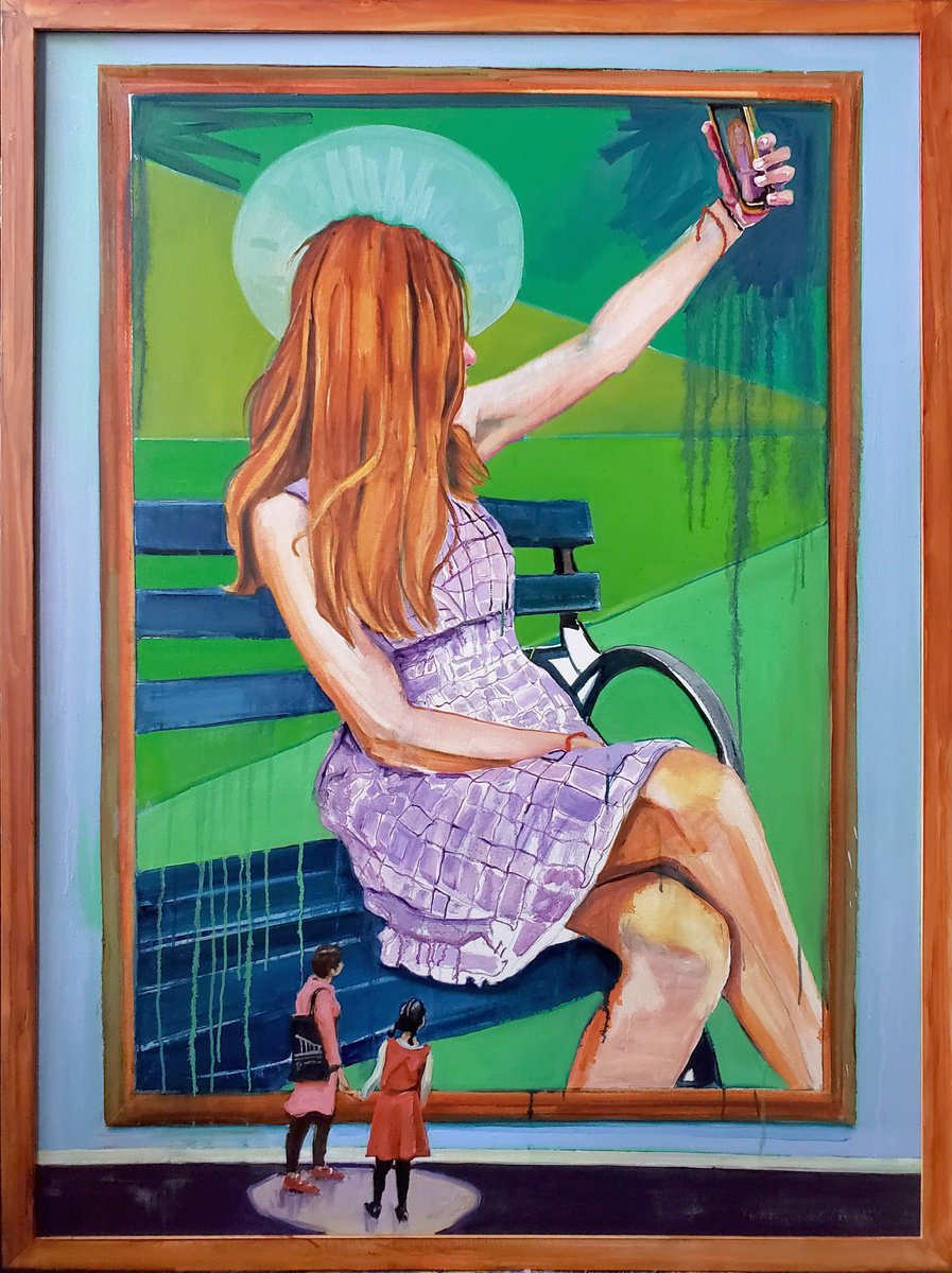 Surrealistic Portrait Oil Painting By Shelton Walsmith, 47 X 62", Saint Someone Searching For A Signal, Original Artwork