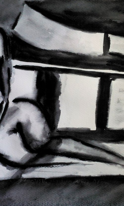 Nude Painting Woman Original Art Female Sitting Nude Black Monochrome Watercolor Painting Home Wall Art 20 by 14" by Halyna Kirichenko by Halyna Kirichenko