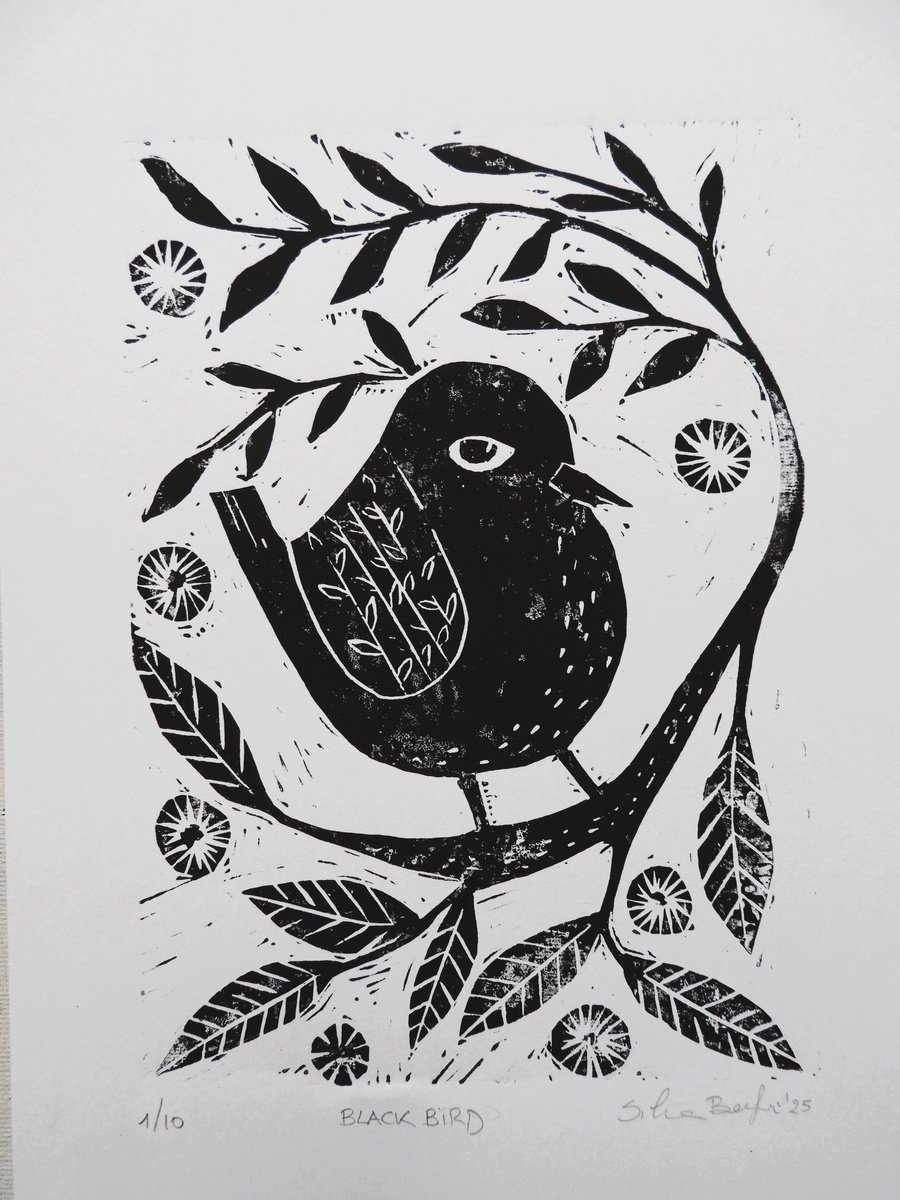 Illustrative Animal Linocut By Silvia Beneforti, 8 X 12", Blackbird, Original Artwork