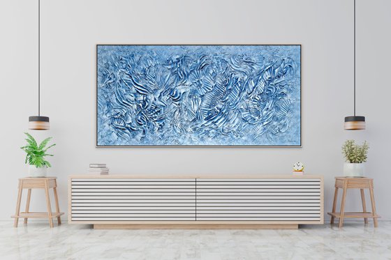 OCEAN STORIES. Abstract painting with coastal elements and heavy texture. 3D dimensional painting