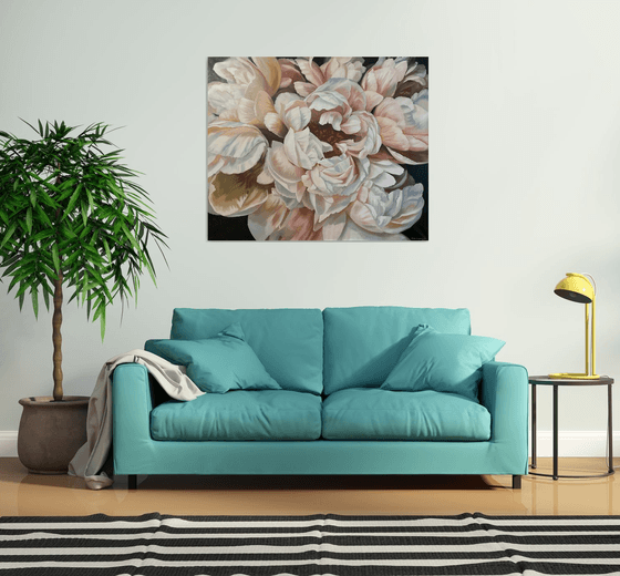Peonies Rebirth White black flowers bloom peony painting large size realistic flower