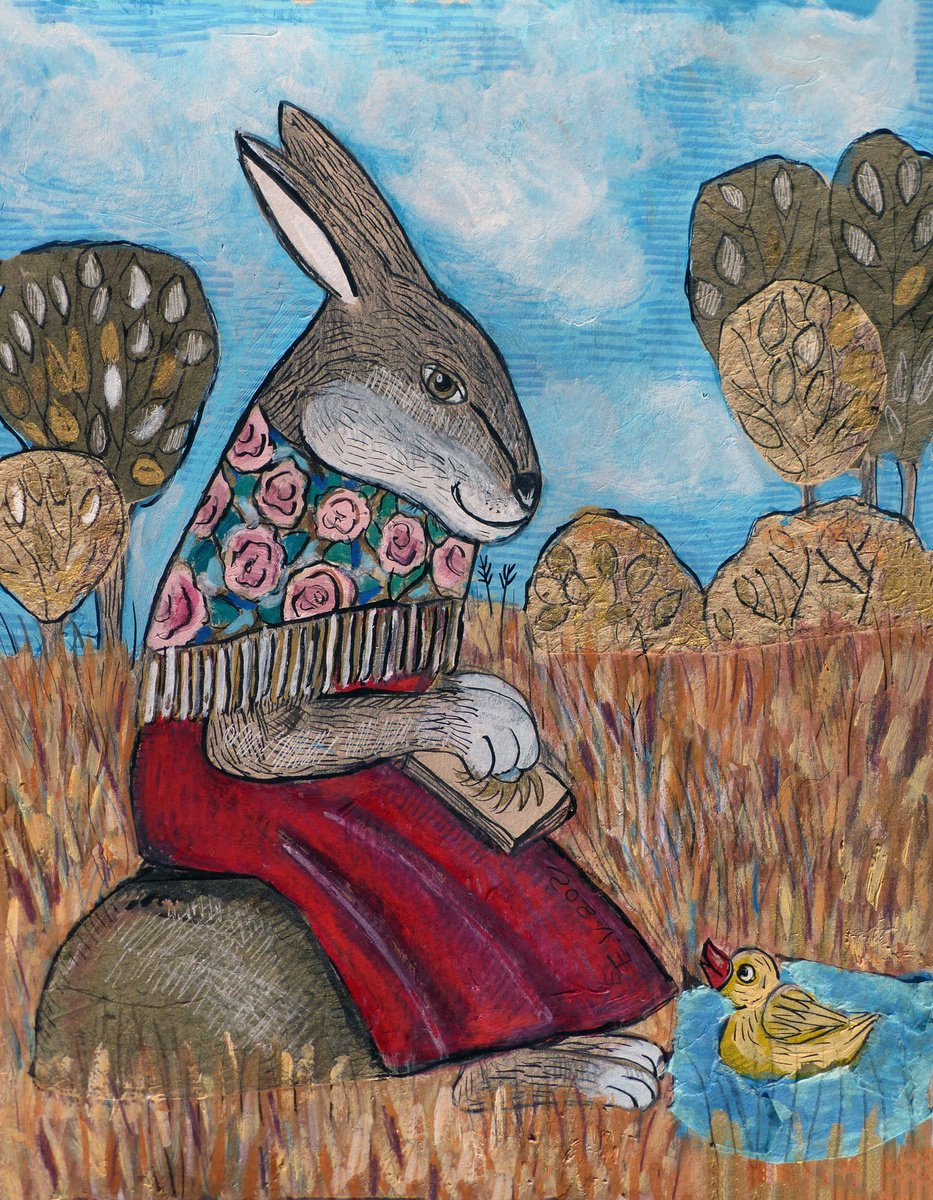 Naive Animal Painting By Elizabeth Vlasova, 11 X 14, I Like Poetry, Original Artwork