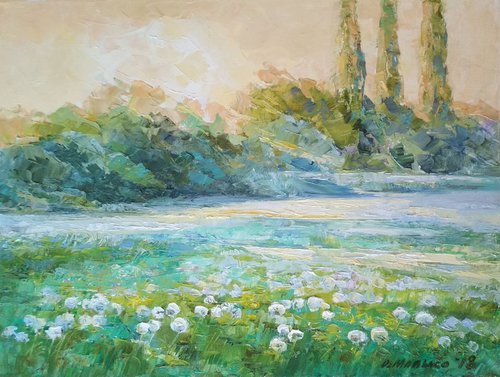 Dandelion morning / Make a wish Green summer landscape by Olha Malko