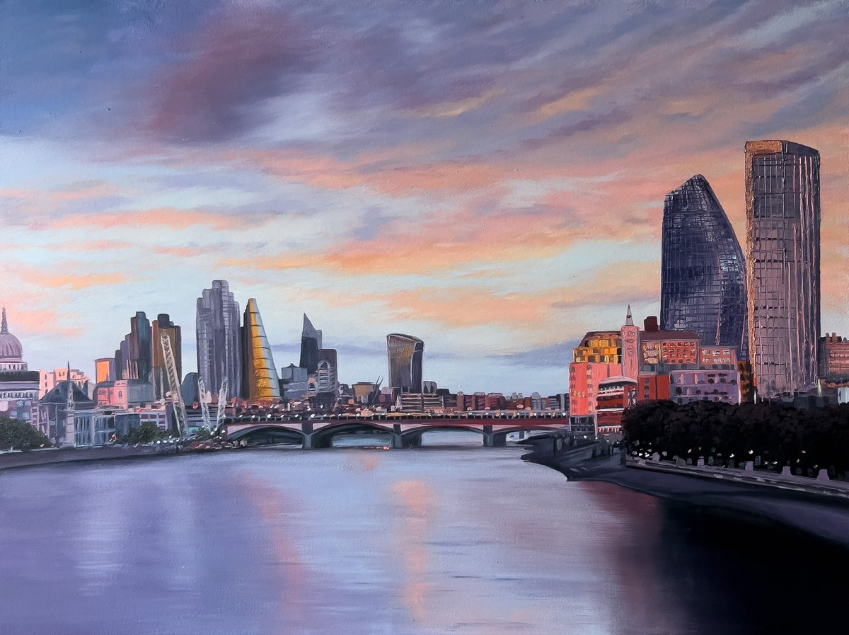 Impressionistic Cityscapes Oil Painting By Simona Nedeva, 24 X 18", Dawn Sky Sunrise From Waterloo Bridge London, Artfinder